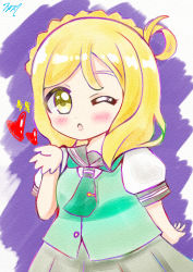 Rule 34 | 1girl, ;), ;3, absurdres, artist name, artist request, blonde hair, blowing kiss, blush, braid, breasts, brown eyes, buttons, collarbone, crown braid, female focus, green eyes, green neckerchief, green sweater, green sweater vest, grey sailor collar, grey skirt, hair rings, heart, highres, looking at viewer, love live!, love live! sunshine!!, miniskirt, neckerchief, ohara mari, one eye closed, parted lips, plaid, plaid skirt, pleated, pleated skirt, sailor collar, school uniform, shirt, short hair, short sleeves, skirt, small breasts, smile, solo, sweater, sweater vest, tie clip, uranohoshi school uniform, white shirt, yellow buttons, yellow eyes