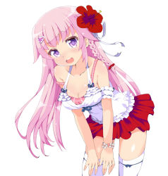 Rule 34 | 1girl, :d, blush, bracelet, breasts, cleavage, flower, hair flower, hair ornament, hairclip, heart, heart-shaped pupils, jewelry, leaning forward, open mouth, original, pink hair, sasago kaze, simple background, smile, solo, strap slip, symbol-shaped pupils, tank top, thighhighs, zettai ryouiki