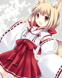 Rule 34 | 1girl, adapted uniform, animal ears, blonde hair, detached sleeves, fox ears, japanese clothes, miko, original, red eyes, solo, tail, takase kanan