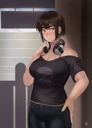 Rule 34 | 1girl, blush, breasts, brown eyes, brown hair, choker, cleavage, denim, hand on own hip, headphones, headphones around neck, highres, hunyan, jeans, large breasts, looking at viewer, mismatched eyebrows, off-shoulder shirt, off shoulder, original, pants, red choker, shirt, short hair, skull print, solo, standing, t-shirt, tomboy, wireless