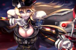 Rule 34 | 1girl, azur lane, bad id, bad pixiv id, bismarck (azur lane), blonde hair, blood, blood from mouth, blue eyes, breasts, cape, cleavage, clenched teeth, fur-trimmed cape, fur trim, gloves, hair between eyes, hat, large breasts, long hair, looking at viewer, military, military hat, military uniform, neconel, peaked cap, teeth, uniform, white gloves