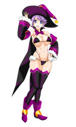 Rule 34 | 1girl, arm up, armpits, artist request, bare shoulders, bikini, bikini warriors, black thighhighs, blue eyes, boots, breasts, detached sleeves, full body, hand on own hip, hat, highres, large breasts, looking at viewer, mage (bikini warriors), navel, open mouth, purple bikini, purple hair, short hair, smile, solo, swimsuit, thick thighs, thighhighs, thighs, witch, witch hat