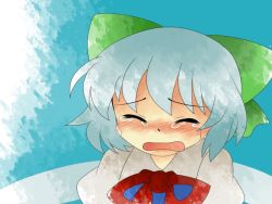 Rule 34 | 1girl, bad id, bad pixiv id, blue eyes, blue hair, blush, cirno, close-up, closed eyes, crying, female focus, gradient background, hammer (sunset beach), matching hair/eyes, solo, tears, touhou, wings