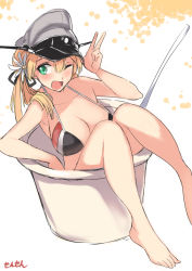 Rule 34 | 10s, 1girl, ;d, artist name, bare legs, bikini, blonde hair, blush, breasts, cleavage, commentary request, cup, female focus, flower, green eyes, hair flower, hair ornament, hair ribbon, hat, huge breasts, in container, in cup, kantai collection, long hair, one eye closed, open mouth, peaked cap, prinz eugen (kancolle), ribbon, sensen, simple background, sitting, smile, solo, swimsuit, twintails