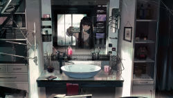 Rule 34 | 1girl, absurdres, black hair, bottle, cellphone, clock, clothes hanger, comb, curtains, day, digital clock, drawer, highres, holding, holding comb, holding phone, indoors, jar, kukka, long hair, long sleeves, looking at viewer, mirror, original, phone, picture frame, pink eyes, plant, potted plant, reflection, shelf, shirt, silk, sink, smartphone, solo, spider web, standing, toothbrush, twintails, white shirt, window