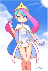 Rule 34 | 1girl, blue hair, breasts, cape, celestia (my little pony), cloud, drantyno, dress, gloves, green hair, hasbro, index finger raised, light rays, long hair, looking at viewer, multicolored hair, my little pony, my little pony: equestria girls, my little pony: friendship is magic, pink eyes, pink hair, sky, small breasts, smile, standing, strapless, strapless dress, sun, sunbeam, sunlight, tiara, white cape, white dress, white gloves