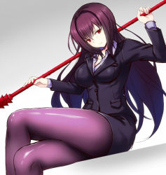 Rule 34 | 1girl, emanon123, fate/grand order, fate (series), formal, gae bolg (fate), long hair, pantyhose, pencil skirt, polearm, purple hair, red eyes, scathach (fate), scathach (fate), sitting, skirt, skirt suit, smile, solo, spear, suit, weapon