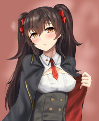 Rule 34 | 1girl, blush, brown eyes, brown hair, buttons, covered erect nipples, cowboy shot, double-breasted, frown, girls&#039; frontline, hair between eyes, hako reeema, heart, heart-shaped pupils, highres, jacket, long hair, looking at viewer, medium tank, necktie, type 97 (girls&#039; frontline), red ribbon, ribbon, solo, sweat, symbol-shaped pupils, twintails