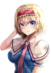 Rule 34 | 1girl, absurdres, alice margatroid, backlighting, blonde hair, blue dress, blue eyes, breasts, capelet, closed mouth, commentary request, dress, frilled hairband, frilled sleeves, frills, hair between eyes, hairband, hand in own hair, highres, looking at viewer, mahoro (minase mahoro), medium breasts, necktie, pink necktie, puffy short sleeves, puffy sleeves, red hairband, short hair, short sleeves, simple background, smile, solo, touhou, upper body, white background, white capelet