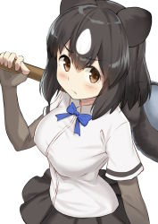 Rule 34 | &gt;:(, 10s, 1girl, animal ears, bad id, bad pixiv id, bear ears, paw stick, blue bow, blue bowtie, blush, bow, bowtie, breasts, brown bear (kemono friends), brown eyes, brown hair, cccpo, closed mouth, commentary request, elbow gloves, from above, frown, gloves, kemono friends, large breasts, looking at viewer, looking up, pleated skirt, shirt, short hair, skirt, solo, upper body, v-shaped eyebrows, weapon, white shirt