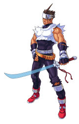 Rule 34 | 1boy, ammunition belt, bingoman, boots, brown eyes, brown hair, capcom, energy sword, fingerless gloves, forehead protector, full body, gloves, hand on own hip, highres, kanzaki hayato (star gladiator), knee pads, male focus, muscular, pants, scar, scar across eye, scar on face, science fiction, sleeveless, solo, spiked hair, star gladiator, sword, torn clothes, torn pants, weapon, white background
