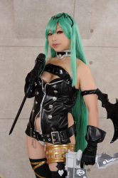 Rule 34 | 1girl, alice (queen&#039;s gate), alice (queen&#039;s gate) (cosplay), alternate color, asian, breasts, choker, cosplay, cosplay photo, cowboy shot, gloves, green hair, gun, handgun, highres, japanese (nationality), knife, large breasts, looking at viewer, nonone karin, panties, photo (medium), pistol, queen&#039;s blade, queen&#039;s gate, red eyes, solo, standing, thighhighs, underwear, weapon