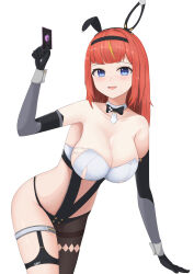 Rule 34 | 1girl, :d, absurdres, arm up, bare shoulders, black bow, black bowtie, black gloves, blonde hair, blue eyes, bow, bowtie, breasts, brown pantyhose, card, cleavage, collarbone, detached sleeves, gloves, grey sleeves, groin, highres, holding, holding card, large breasts, long hair, long sleeves, looking at viewer, multicolored hair, open mouth, orange hair, pantyhose, sato art, simple background, single leg pantyhose, smile, snowbreak: containment zone, solo, streaked hair, tess kotkin, thighband pantyhose, white background
