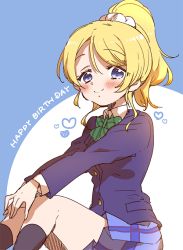 Rule 34 | 1girl, artist name, artist request, ayase eli, bare legs, black jacket, black legwear, blonde hair, blue cardigan, blue eyes, blue jacket, blue skirt, blush, bow, bowtie, breasts, cardigan, checkered clothes, checkered skirt, collared shirt, female focus, green bow, hair between eyes, hair ornament, hair scrunchie, hand on own knee, heart, heart (symbol), high ponytail, jacket, knees up, long hair, long sleeves, looking at viewer, love live!, love live! school idol project, miniskirt, otonokizaka school uniform, parted lips, plaid, plaid skirt, pleated, pleated skirt, ponytail, school uniform, scrunchie, shirt, short hair, short sleeves, sitting, skirt, small breasts, smile, solo, striped, striped bow, white scrunchie, white shirt