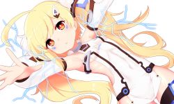 Rule 34 | 1girl, ahoge, azur lane, bare shoulders, blonde hair, breasts, character name, chawan (yultutari), commentary request, covered navel, detached sleeves, dress, eldridge (azur lane), electricity, fur trim, highres, long hair, long sleeves, looking at viewer, outstretched arms, parted lips, puffy long sleeves, puffy sleeves, red eyes, simple background, sleeveless, sleeveless dress, small breasts, solo, twintails, very long hair, white background, white dress, white sleeves