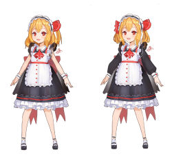 Rule 34 | 1girl, alternate costume, alternate hairstyle, ascot, bad id, bad pixiv id, blonde hair, enmaided, hair ribbon, long sleeves, looking at viewer, maid, maid headdress, mio-muo1206, multiple views, open mouth, red eyes, ribbon, rumia, short hair, short twintails, side ponytail, simple background, sleeveless, smile, touhou, twintails, white background, wrist cuffs