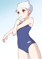 Rule 34 | 1girl, akazaki kokoro, animal hat, armpit peek, blue one-piece swimsuit, blush, cat hat, covered navel, cowboy shot, crossed arms, dot nose, dutch angle, flat chest, from below, hair behind ear, hair strand, hat, highleg, highleg swimsuit, highres, idoly pride, legs apart, looking ahead, one-piece swimsuit, parted lips, pink eyes, plum (arch), school swimsuit, simple background, solo, stretching, swim cap, swimsuit, thighs, white background