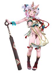 Rule 34 | 1girl, armor, asymmetrical sleeves, bangle, black panties, bracelet, clothing request, club (weapon), colored inner hair, colored skin, earrings, facial mark, flat chest, full body, green eyes, hair ornament, highres, horn ornament, horns, jewelry, mochi (circle rin), multicolored hair, official art, oni, oni horns, panties, pink hair, pink skin, pointy ears, revealing clothes, rope, sandals, short eyebrows, side-tie panties, simple background, slit pupils, solo, tassel, toeless footwear, toranoana, two-tone hair, underwear, vambraces, vrchat, weapon, white background, white hair