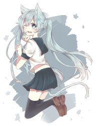 Rule 34 | 1girl, animal ears, black thighhighs, cat ears, cat tail, from side, hatsune miku, kneeling, li chong, long hair, looking at viewer, one eye closed, open mouth, paw pose, school uniform, skirt, solo, tail, thighhighs, twintails, very long hair, vocaloid