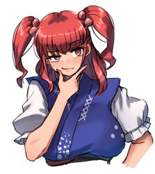 Rule 34 | 1girl, absurdres, blue dress, closed mouth, cropped torso, dress, hair ornament, hand on own chin, highres, looking at viewer, medium hair, onozuka komachi, puffy short sleeves, puffy sleeves, quanero, red eyes, red hair, short sleeves, simple background, smile, solo, touhou, twintails, white background