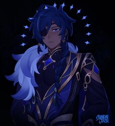 Rule 34 | 1boy, armlet, artist name, asymmetrical hair, black shirt, blue eyes, blue hair, blue jacket, blue theme, braid, cape, closed mouth, clothing cutout, dark, dark-skinned male, dark skin, earrings, expressionless, eyepatch, fur cape, genshin impact, gold armlet, gold trim, hair between eyes, hair over shoulder, half-closed eyes, highres, jacket, jewelry, kaeya (genshin impact), kaeya (sailwind shadow) (genshin impact), layered clothes, long hair, low-braided long hair, low-tied long hair, multicolored hair, partially open jacket, shirt, shoulder cutout, side braid, side cape, simple background, single earring, solo, streaked hair, sundaejck, symbol-shaped pupils, upper body, white cape
