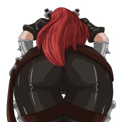 Rule 34 | 1girl, ass, ass focus, cameltoe, facing away, from below, katarina (league of legends), league of legends, long hair, red hair, scarmiglione (artist), solo, sword, thigh gap, weapon, white background