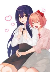 Rule 34 | 2girls, :d, ^ ^, alternate costume, azuyan, black ribbon, black skirt, bow, casual, closed eyes, commentary request, doki doki literature club, hair between eyes, hair bow, hair ornament, hairclip, happy, highres, hug, long hair, long sleeves, looking at viewer, multiple girls, neck ribbon, open mouth, pink hair, pink shirt, puffy long sleeves, puffy sleeves, purple eyes, purple hair, red bow, red ribbon, ribbon, sayori (doki doki literature club), shirt, short hair, sidelocks, simple background, sitting, skirt, smile, very long hair, white background, white shirt, white skirt, yuri, yuri (doki doki literature club)