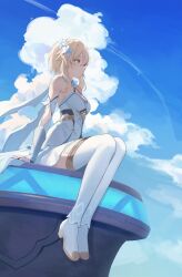 Rule 34 | 1girl, absurdres, arm support, bare shoulders, black gloves, blonde hair, blue sky, cloud, detached sleeves, dress, flower, from side, full body, genshin impact, gloves, hair flower, hair ornament, high heels, highres, irain ( irain ), legs, lily (flower), looking ahead, lumine (genshin impact), outdoors, parted lips, partially fingerless gloves, scarf, short hair with long locks, sidelocks, sitting, sky, sleeveless, sleeveless dress, solo, strap gap, thighhighs, thighs, white dress, white flower, white footwear, white scarf, white thighhighs, wrist guards, yellow eyes, zettai ryouiki