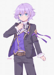 Rule 34 | 1boy, arm at side, belt, black bow, black bowtie, black jacket, black pants, blazer, blue eyes, bow, bowtie, brooch, brown belt, clenched hands, cowboy shot, epel felmier, frown, hand on own chest, highres, jacket, jewelry, long sleeves, looking at viewer, male focus, night raven college uniform, pants, polka dot, polka dot background, purple hair, purple vest, shirt, short hair, signature, simple background, solo, striped bow, striped bowtie, striped clothes, sushitarou, twisted wonderland, vest, white background, white bow, white bowtie, white shirt