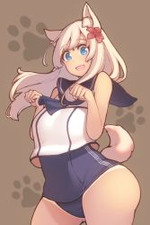Rule 34 | 10s, 1girl, animal ears, aqua eyes, bad id, bad pixiv id, blonde hair, brown background, clenched hands, cowboy shot, dog ears, dog tail, floating hair, flower, hair flower, hair ornament, kantai collection, long hair, mogu (kanikama mgmg), neckerchief, no pants, one-piece swimsuit, open mouth, paw pose, paw print, ro-500 (kancolle), school swimsuit, school uniform, serafuku, sleeveless, solo, swimsuit, swimsuit under clothes, tail, tan, tanline