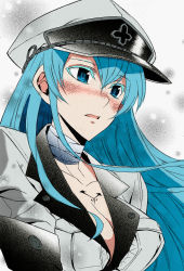 Rule 34 | 10s, 1girl, akame ga kill!, aqua hair, bandages, blue eyes, blush, breasts, choker, cleavage, colorized, esdeath, hat, highres, large breasts, long hair, military, military uniform, non-web source, open clothes, peaked cap, solo, tattoo, uniform