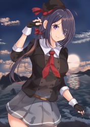 Rule 34 | 1girl, absurdres, ariake (kancolle), beret, black gloves, black hair, black hat, black jacket, cloud, collared shirt, commentary request, cowboy shot, fingerless gloves, gloves, gradient sky, grey skirt, hair over one eye, hat, highres, jacket, kantai collection, long hair, long sleeves, looking at viewer, mountain, necktie, ocean, outdoors, pleated skirt, purple eyes, red necktie, sg tacchi, shirt, skirt, sky, solo, sunrise