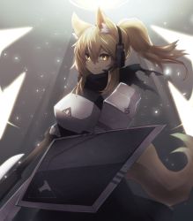 Rule 34 | 1girl, animal ear fluff, animal ears, arknights, armor, blonde hair, breastplate, commentary request, hair between eyes, headphones, headset, highres, horse girl, large tail, light particles, long hair, looking at viewer, nearl (arknights), pauldrons, ponytail, shield, shoulder armor, smile, solo, tail, upper body, yellow eyes, yonaga san