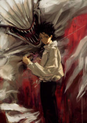Rule 34 | 1boy, 7ife, absurdres, bad id, bad pixiv id, black hair, blood, blood from mouth, commentary, demon, english commentary, feet out of frame, fingernails, from side, highres, holding, holding sword, holding weapon, jujutsu kaisen, long sleeves, looking at viewer, male focus, okkotsu yuuta, parted lips, sharp fingernails, shirt, short hair, solo, sword, weapon, white shirt