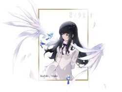 Rule 34 | 1girl, arms behind back, bird, black hair, blue eyes, bow, bowtie, breasts, catolin, character name, feathers, kara no shoujo, kuchiki touko, long hair, long sleeves, medium breasts, picture frame, purple bow, purple bowtie, ribbon, shirt, solo, upper body, white background, white shirt, wings