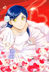 Rule 34 | 1girl, asymmetrical sleeves, blue hair, braid, breasts, closed mouth, collarbone, dated, dress, fingerless gloves, french braid, gloves, hair ornament, heart, honzuki no gekokujou, jewelry, layered dress, long dress, long hair, looking at viewer, myne (honzuki no gekokujou), medium breasts, necklace, parted bangs, red background, sitting, smile, solo, twitter username, uneven sleeves, wedding dress, white dress, white gloves, yellow eyes, yuuko24