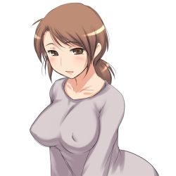 Rule 34 | 1girl, aaaa (quad-a), asymmetrical bangs, bad id, bad pixiv id, blush, breasts, brown eyes, brown hair, collarbone, female focus, huge breasts, large breasts, long hair, looking at viewer, original, parted lips, ponytail, simple background, solo, uniform, upper body, white background