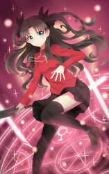 Rule 34 | 1girl, absurdres, blue eyes, brown hair, fate/stay night, fate (series), gem, hentaki, highres, jewelry, magic circle, skirt, solo, sword, thighhighs, tohsaka rin, twintails, two side up, weapon, zettai ryouiki