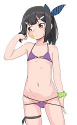 Rule 34 | 1girl, arm at side, bare shoulders, bikini, black hair, blush, brown eyes, bubukka, commentary, commentary request, cowboy shot, fate/kaleid liner prisma illya, fate (series), flat chest, frown, green scrunchie, hair ornament, hair ribbon, hairclip, looking away, looking to the side, miyu edelfelt, navel, ponytail, purple bikini, ribbon, scrunchie, simple background, solo, star (symbol), string bikini, swimsuit, thigh strap, white background, wrist scrunchie