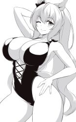 Rule 34 | 1girl, animal ears, arm behind head, breasts, casual one-piece swimsuit, character request, cleavage, hand on own hip, highleg, highleg swimsuit, highres, horse ears, horse girl, horse tail, large breasts, monochrome, one-piece swimsuit, one eye closed, pataneet, smile, solo, swimsuit, tail, umamusume