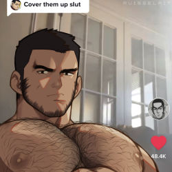 Rule 34 | 1boy, bara, beard, black hair, brown eyes, buzz cut, cover them up slut (meme), facial hair, frown, golden kamuy, hairy, highres, large pectorals, long sideburns, looking at viewer, male focus, mature male, meme, muscular, muscular male, nipples, nude, pectoral focus, pectorals, ruisselait, short hair, sideburns, solo, stubble, sunlight, tanigaki genjirou, thick eyebrows, tiktok, upper body, very short hair