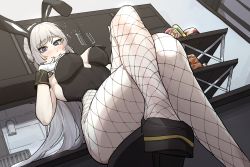 Rule 34 | 1girl, animal ear hairband, animal ears, black footwear, black leotard, blush, breasts, breasts apart, cabinet, character request, fake animal ears, fishnet pantyhose, fishnets, gloves, grey eyes, grey hair, hand up, highres, leotard, long hair, looking at viewer, medium breasts, original, pantyhose, playboy bunny, rabbit ear hairband, rabbit ears, rusellunt, shoes, smile, solo, strapless, strapless leotard, sweatdrop, white gloves