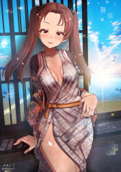 Rule 34 | 1girl, blush, breasts, brown eyes, brown hair, cleavage, girls und panzer, highres, japanese clothes, kadotani anzu, kimono, long hair, looking at viewer, megadeko, no bra, ocean, open mouth, outdoors, small breasts, smile, solo, twintails