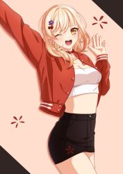 Rule 34 | 1girl, ;d, absurdres, alternate costume, arm up, black background, black skirt, blonde hair, blush, breasts, casual, chest tattoo, choker, cleavage, commentary request, contemporary, cowboy shot, crop top, genshin impact, hair between eyes, hair down, hair ornament, hairclip, hand up, highres, jacket, long sleeves, medium breasts, medium hair, midriff, no navel, one eye closed, open clothes, open jacket, open mouth, pencil skirt, pink background, pochimaru (marumaru wanwan), red choker, red jacket, skirt, smile, solo, standing, strapless, tattoo, tube top, two-tone background, yellow eyes, yoimiya (genshin impact)