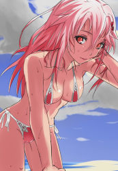 Rule 34 | 10s, 1girl, arm up, bikini, breasts, chikkinage nage, cleavage, guilty crown, hair ornament, hairclip, hand in own hair, long hair, looking at viewer, navel, pink hair, red eyes, solo, swimsuit, yuzuriha inori