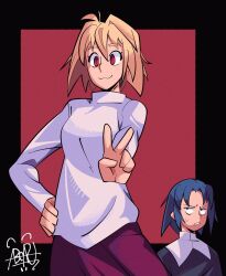 2girls :3 abear-here angry arcueid_brunestud black_tunic blonde_hair blue_eyes blue_hair breasts ciel_(tsukihime) hands_on_own_hips highres looking_at_another multiple_girls purple_skirt red_eyes short_hair simple_background skirt sweatdrop sweater tsukihime tunic turtleneck turtleneck_sweater v white_sweater wing_collar