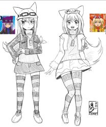 Rule 34 | blush, digimon, goggles, goggles on head, happy, hat, highres, long hair, sayo (digimon), serious, skirt, smile