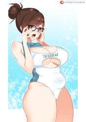 Rule 34 | 1girl, :o, absurdres, artist name, bare shoulders, belly, blush, breasts, brown eyes, brown hair, cameltoe, cleavage, cleavage cutout, clothing cutout, covered erect nipples, female focus, glasses, hair ornament, hair stick, highres, huge breasts, mei (overwatch), one-piece swimsuit, overwatch, overwatch 1, plump, solo, standing, swimsuit, tagme, thick thighs, thighs, tofuubear