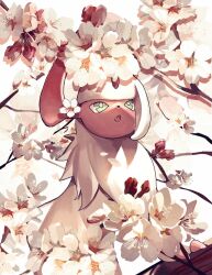 Rule 34 | absol, alternate color, animal focus, branch, colored skin, creatures (company), fang, flower, forehead jewel, game freak, gen 3 pokemon, green eyes, hair flower, hair ornament, highres, horns, mane, nintendo, no humans, open mouth, pokemon, pokemon (creature), red skin, reo (mmocc123), shiny pokemon, single horn, snout, solo, white background, white fur
