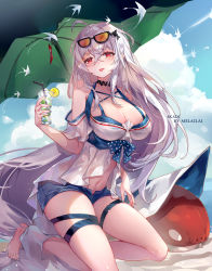 Rule 34 | 1girl, :d, arknights, bare shoulders, beach, breasts, cup, day, eyewear on head, hair between eyes, hair ornament, highres, holding, holding cup, kneeling, large breasts, long hair, looking at viewer, melailai, official alternate costume, open mouth, outdoors, red eyes, silver hair, skadi (arknights), skadi (waverider) (arknights), skindentation, smile, solo, swimsuit, thigh strap, thighs, tinted eyewear, tongue, tongue out, very long hair, whale hair ornament